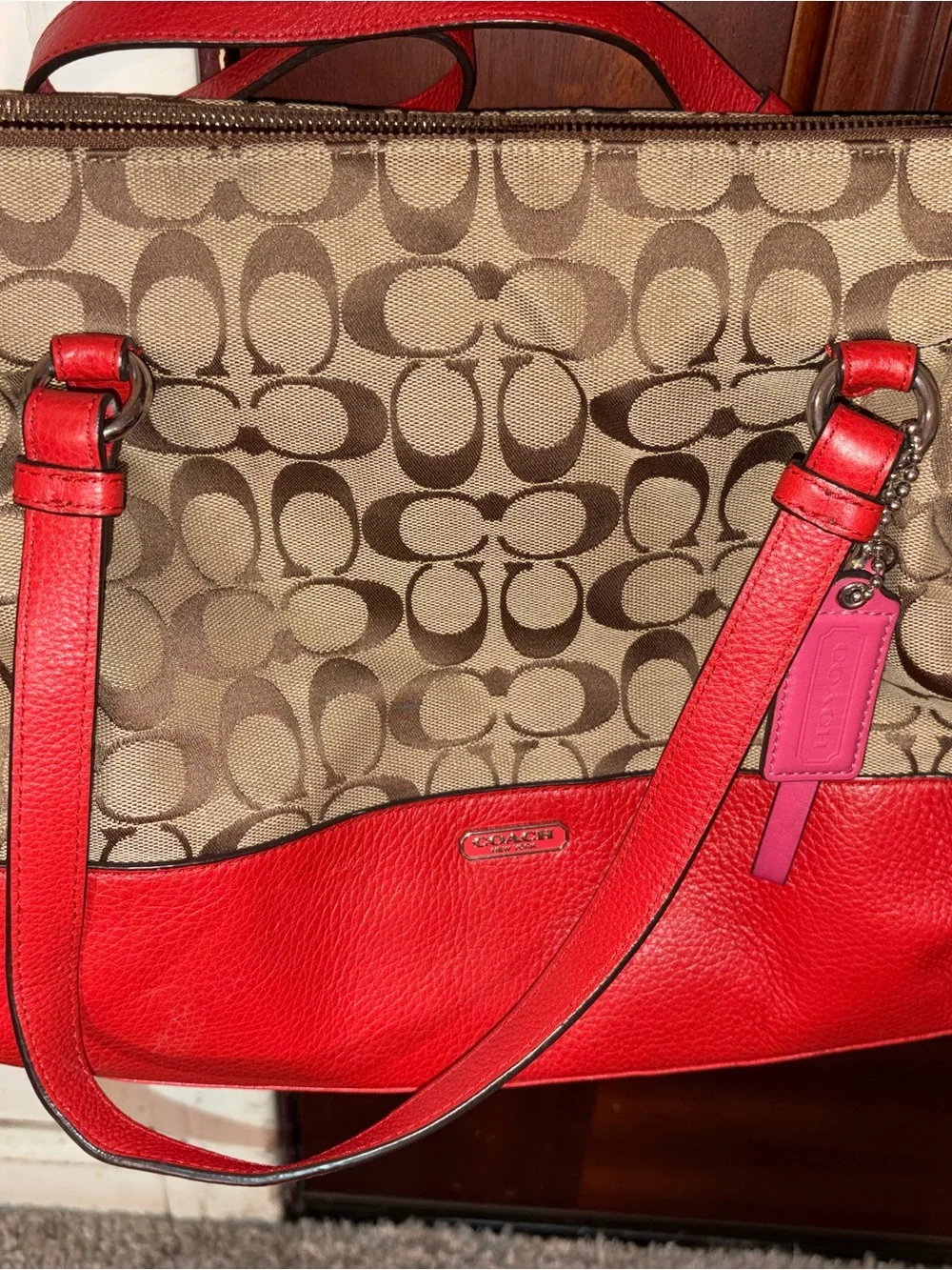 Coach Brown Signature Canvas Shoulder Bag with orange/red Trim